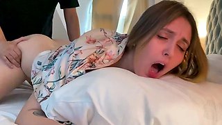 Having to share a hotel bed leads to steamy sex with stepmom