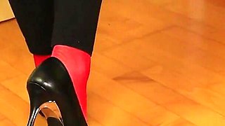 Red Stockings, High Heels & Black Leggings Tease