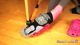 Sock Removal & Clog Shoeplay Under the Desk - Grey Leggings, Pink Clogs & Nylons