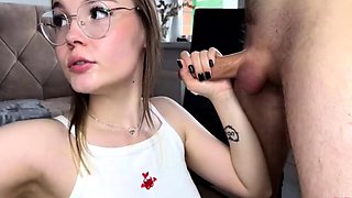 Nerdy young babe sucks and fucks cock