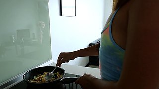Big ass Thai GF cooking and kitchen fuck