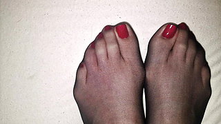 Cum on perfect wife's black nylon feet - red polish pedicure