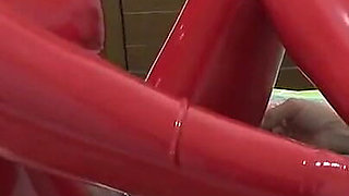 Hot Babe in Red Latex Jumpsuit Pumps Big Guys Cock