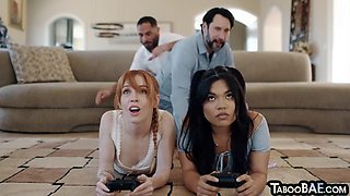 Stunning babes gets pounded in 4some