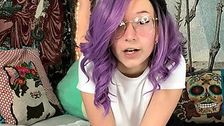 Busty curly brunette with big boobs fucks on couch