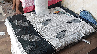 Amateur couple having crazy sex in the bedroom. Hot foreplay with a couple, oil massage on the body.