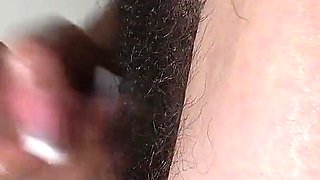 Side View of Really Close up Handjob to His Big Veiny Cock N' Big Hairy Bush.cumshot on Her Hands N' Cum Dripping From Her Nails