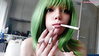 Cute Green Hair Egirl smoking 2 cigarettes at the same time (ask me for full vid)