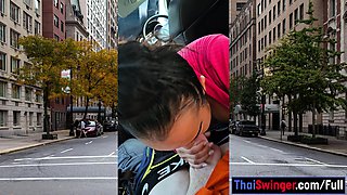 Public POV blowjob by busty Asian MILF