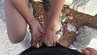 Public Blowjob on the Beach, Cum in Mouth - POV