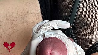 Glans Game with White Latex Gloves in Super-closeup. Alternative View.