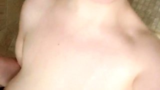 Busty curly brunette with big boobs fucks on couch
