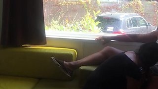 Risky Public Blowjob In Front Of Window - Hot Brunette MILF Wife On Her Knees Outdoor Camping