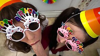 Mature stepmom Melody Mynx and MILF stepsis giving blowjob for birthday