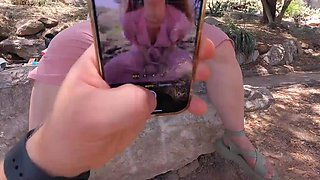 Sweet tourist teen wearing a nice pink dress gives the best head to a local guy outdoor