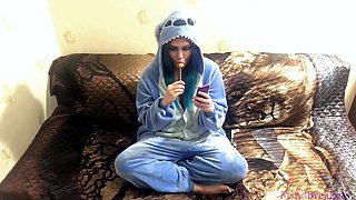 Emo Girlfriend Sucks Lollipop and Something Else in Stitch Cosplay