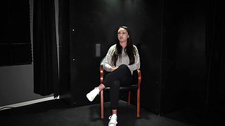Nicole Sage, brunette, in bra and stockings, backstage dirt