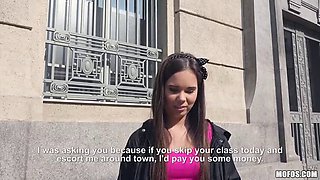 Teen slut buys the story and fucks a total stranger