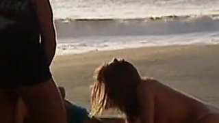 Threesome - Two Young Big Tits Friends on Vacation Share a Surfer's Big Cock on the Beach