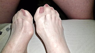 Cum on wife's  tied up nylon feet - red polish pedicure