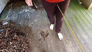 Naked crotch rope walk on veranda