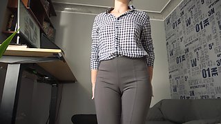Naughty Secretary Seduces You with Her Cameltoe in Tight Trousers