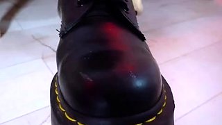 Busty brunette foot fetish and footjob in nylons