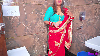 After Suhagrat- Newly Married Pinki Bhabhi Stripping Saree in Bathroom, She Fucked Hard and Got Cum in Pussy with Hindi Audio.