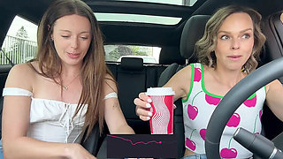 Nadia Foxx & Serenity Cox Remote Vibrator Fun in Car Drive Thru Cumming Hard
