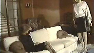 Brunette and blonde ladies on the couch were masturbating