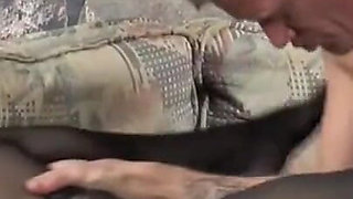 Sexy curly Milf sucks and fucks on huge cock on the couch