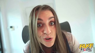 Faux hostel - young backpacker swallows exclusive potion which makes her tits get larger big!