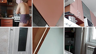 Brunette hairy bun, big tits, sensual hairy woman in the kitchen. Sexy MILF, hairy pussy, big ass
