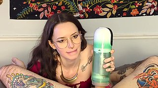 Sexy Brunette MILF In Glasses Pleases Her BF With a Special Sex-toy & Perfect Milking Until He Cums