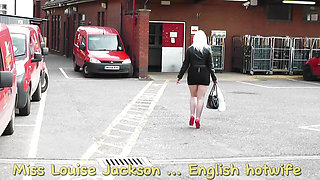 English hotwife Miss jackson in high heels tights and leather teasing in public