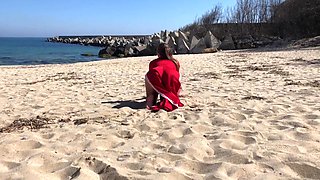 Amateur couple enjoys risky sex on the beach POV