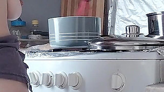 Sexy Naked Wife Preparing Food in the Kitchen. Hairy Brunette, Big Ass, Big Tits.