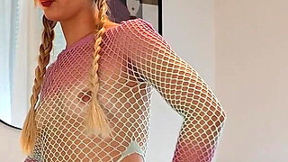 Twerking Raver Girl From Music Festival in a Full Body Fishnet Stockings to Show Her Nipples and Big Ass