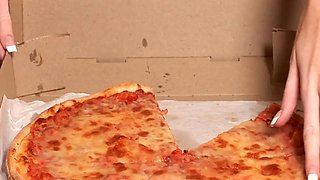 Layla is super skinny and super horny. She delivers a pizza and then gets nude on the kitchen table and masturbates.