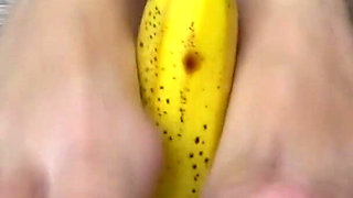 Babe with nice legs, crush a banana with her feet, perfect footjob ending