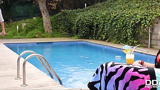 Spoiled rich babe Evelina gets her pussy nailed hard by handsome pool boy