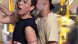 Young whore student gets fucked by an older guy right on the bus in public
