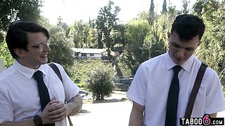Young religious guys convert a granny