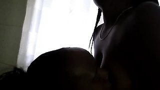 Naughty ebony stepmom seduces cute young chick and plays