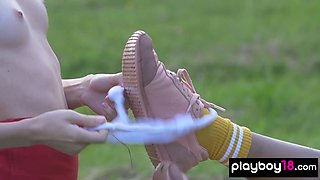 Naked ebony teenie and GF played badminton