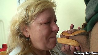 Horny blonde granny tricked into giving head & taking it hard from behind