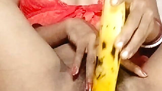 Asian house wife masterbating with banana and her small pu6in big banana