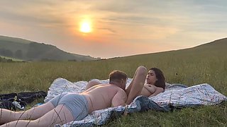 Sexy Fit Bubble-assed Hottie Rides Her BF's Dick Like a Cowgirl In the Field At Sunset