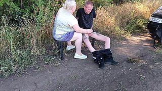 Neighbor MILF sucks my dick deep in park until I cum in her mouth