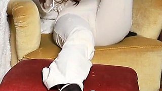Skinny Secretary Kerry - Nylon Footplay & Shoeplay in Cream Sandals